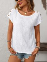 Camiseta de manga corta con botones y cuello redondo para mujer, Top hueco, Color sólido, novedad de primavera y verano 2025 - details 8