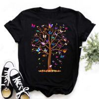 Camiseta De Verano Para Mujer Con Estampado De Mariposa Y Árbol Cuello Redondo Manga Corta Estilo Harajuku Casual - details 1