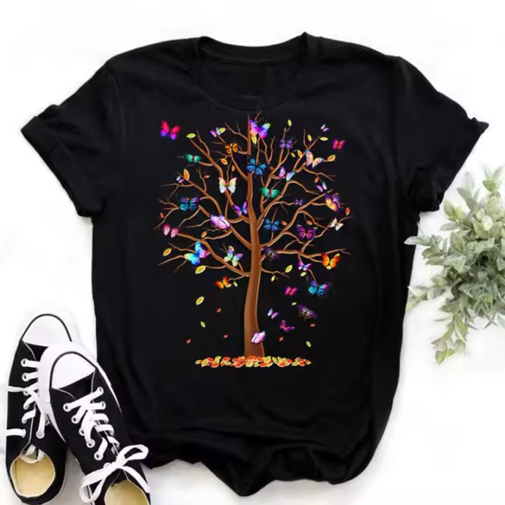 Camiseta De Verano Para Mujer Con Estampado De Mariposa Y Árbol Cuello Redondo Manga Corta Estilo Harajuku Casual - 1