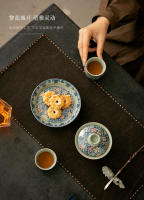 Ru kiln juego de kung fu de cerámica cubierto de tres piezas de peonía dorada de filigrana azul y blanca, juego de tazas de té de cuenco grande para el hogar - details 10