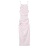 Vestido Plisado de Medio Largo OUWU Moda Rosa para Mujer con Espalda Descubierta y Cordones - details 1