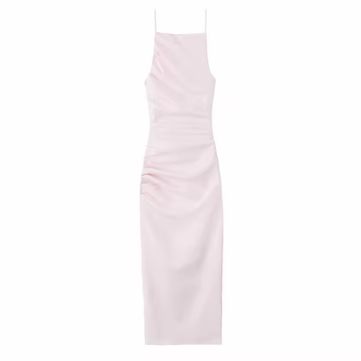 Vestido Plisado de Medio Largo OUWU Moda Rosa para Mujer con Espalda Descubierta y Cordones - 1
