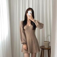 Falda corta de punto para mujer, ropa elegante de manga larga con cuello puntiagudo, usada, negra, invierno - details 24