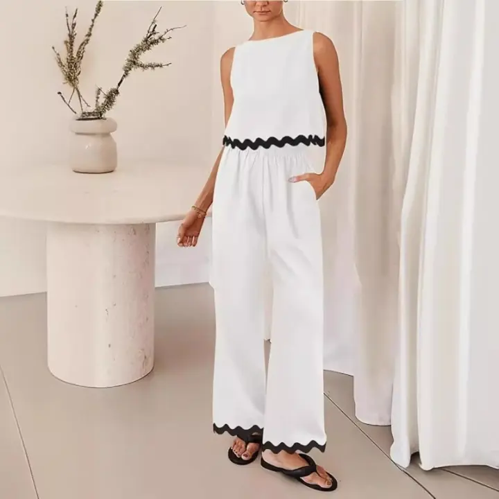Conjunto de dos piezas de verano para mujer, top y pantalones sin mangas, conjunto informal de tres piezas para mujer - 1