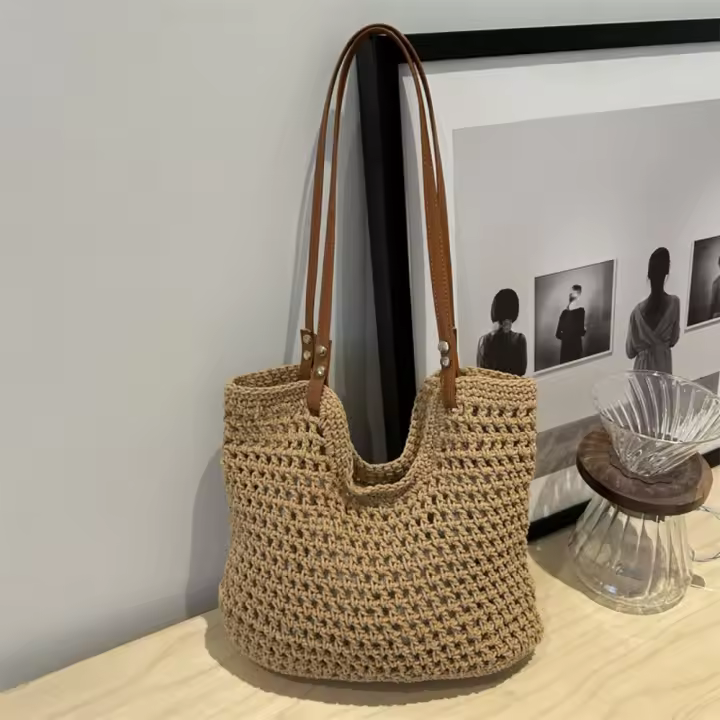 Bolso tejido de hilo de algodón ahuecado a la moda, bolso de mano, bolso de playa, bolso de playa, bolso de cubo de estilo bohemio, bolso de hombro hueco para niñas - 1