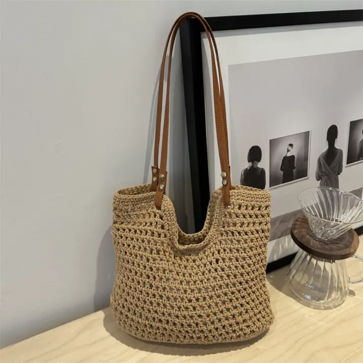 Bolso tejido de hilo de algodón ahuecado a la moda, bolso de mano, bolso de playa, bolso de playa, bolso de cubo de estilo bohemio, bolso de hombro hueco para niñas - 1