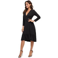 Vestido ajustado de manga larga con cuello en V y ribete de volantes, de color sólido y talla grande, para el trabajo, primavera 2025. - details 5