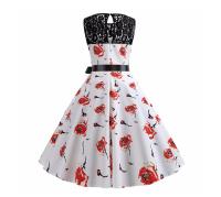 Lace patchwork floral print women summer 50s 60s elegant dress - details 33