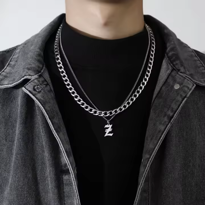 Cadena gruesa de doble capa para suéter, collar de acero de titanio para hombre, cadena de clavícula, collar con letras cubanas - 1