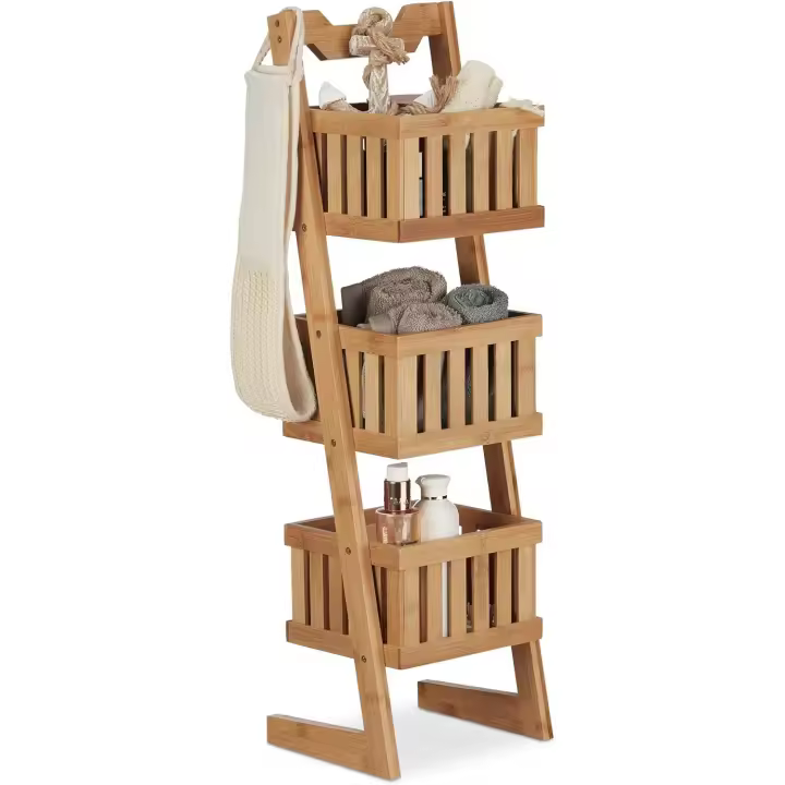 Relaxdays Estantería de baño, Tres estantes, Multiusos, Organizador, Impermeable, Decorativo, Marrón - 1