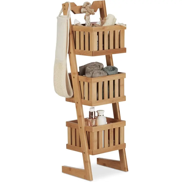 Relaxdays Estantería de baño, Tres estantes, Multiusos, Organizador, Impermeable, Decorativo, Marrón - 1