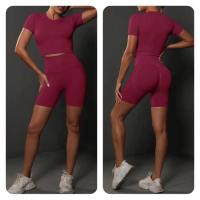 Conjunto de Shorts de Yoga de Algodón Melaleuca Sin Costuras Color Sólido Manga Corta - details 15