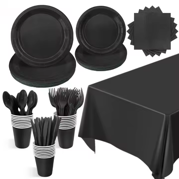 Vajilla desechable con temática de cumpleaños para niñas, servilletas de papel, vasos, platos, manteles, Pajita, color negro liso - 1