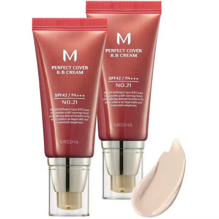 MISSHA M Perfect BB Cream No.21 (paquete de 2) Piel brillante beige claro 42 PA +++ 1.69 Fl Oz - Crema hidratante teñida para rostro con SPF - 1