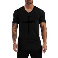 Camiseta Deportiva de Algodón para Hombres Cuello en V, Manga Corta, Moda Transpirable, Ajuste Delgado, Limpieza a Mano, Para Primavera/Verano - details 1
