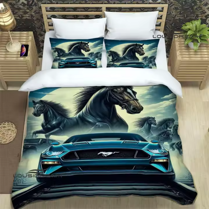 Exquisito Conjunto de Ropa de Cama de Mustang 3D Cubierta de Edredón, Cojín, Funda de Cama - 1