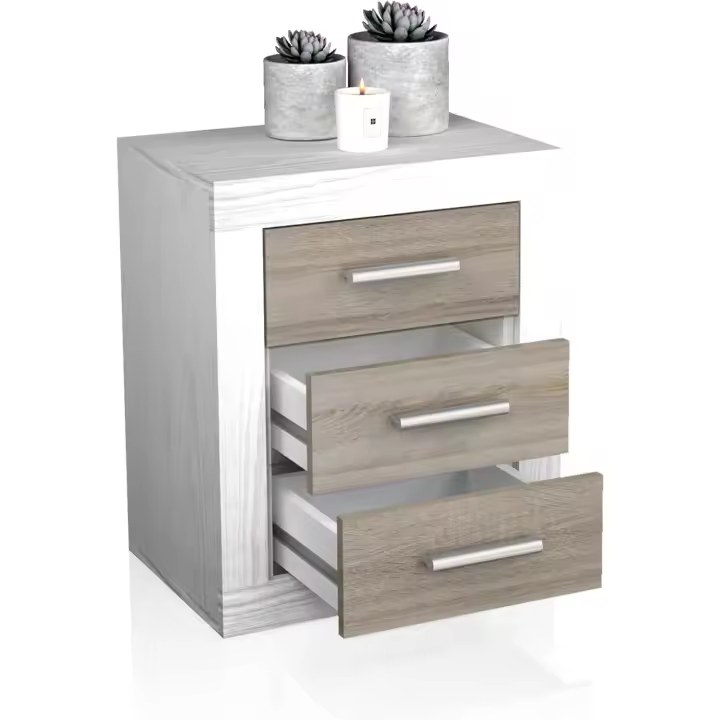 Mesita de Noche, Mesilla de Dormitorio, Modelo Kira, Acabado en Color Cambria y Blanco, Medidas: 50 cm (Largo) x 34,6 cm (Fondo) x 60 cm (Alto) - 1