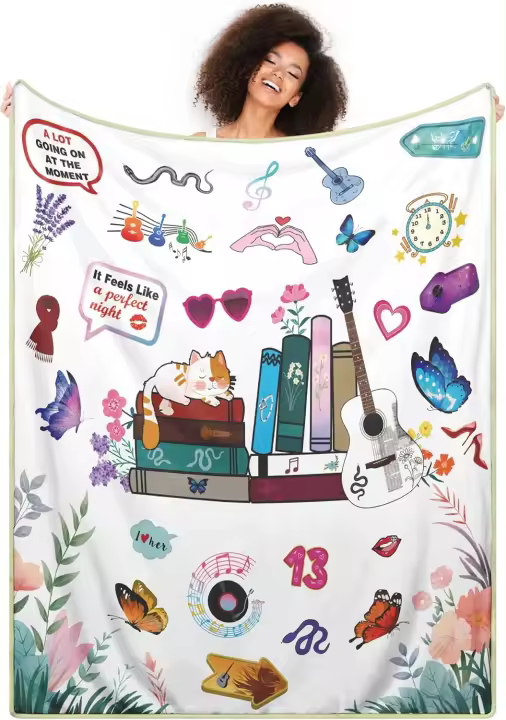 Manta blanca, regalo de cumpleaños para ella, mantas temáticas de álbum de música con guitarras, mariposa, gato, mantas para niñas, ropa de cama, regalos de cumpleaños para esposa, hija, fanático de Tsinger, hermana - 1