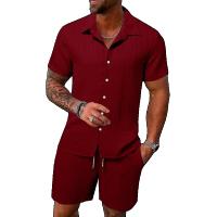 Conjuntos de 2 uds para hombre, traje informal con estampado 3D de rayas de color sólido, camisa, pantalones cortos con botones para playa, ropa de calle, camisa, traje de dos piezas para vacaciones - details 1