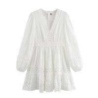 OUWU- 2025 Primavera Mujer Blanco Nuevo Vestido De Manga Larga Algodón Encaje Costura Mini Vestido Casual Playa Mujer Vestidos - details 1