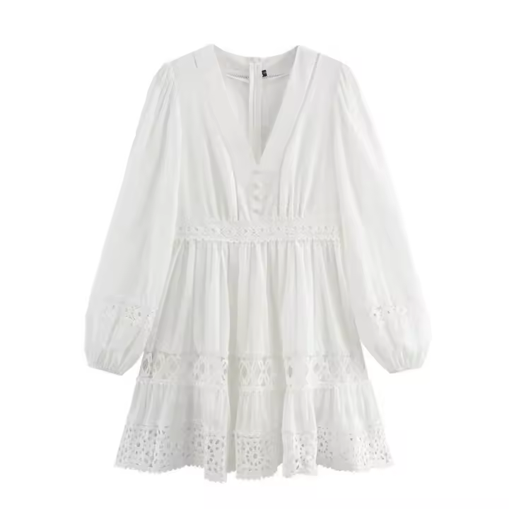 OUWU- 2025 Primavera Mujer Blanco Nuevo Vestido De Manga Larga Algodón Encaje Costura Mini Vestido Casual Playa Mujer Vestidos - 1