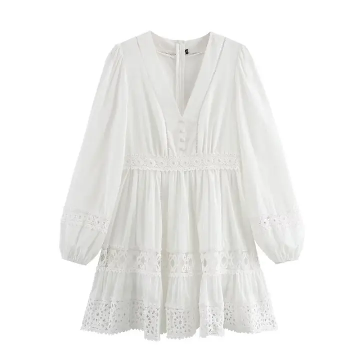 Vestido casual mini de playa de algodón con costuras, manga larga, blanco, primavera 2025, para mujer - 1