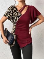 Nuevo estampado de leopardo irregular manga corta Camiseta cuello mariposa manga patchwork top mujer - details 7