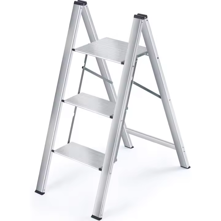 Escalera Plegable de Aluminio Segura para el Hogar 3 Peldaños, Mecánica Antiplegado, Peso Máximo 150kg, Plata - 1