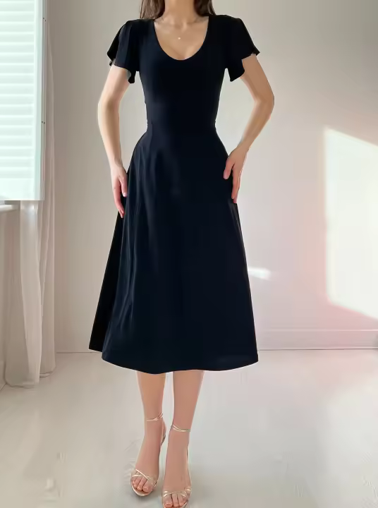 Vestido de longitud media de gama alta para mujer francesa con manga de hoja de loto, nuevo vestido Primavera/Verano 2025 - 1