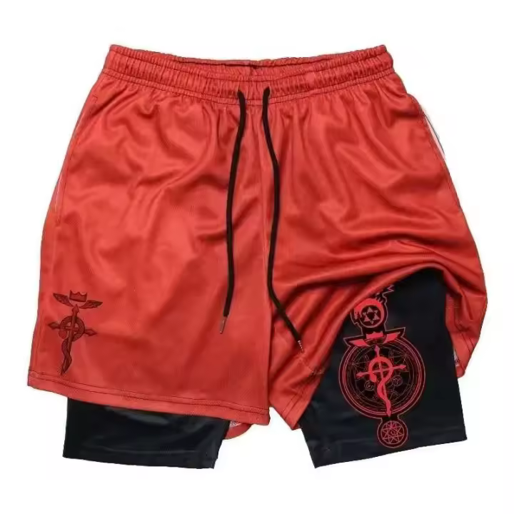 Pantalones cortos deportivos para hombre Anime Fullmetal Alchemist gimnasio entrenamiento para hombre bolsa de compresión 2 en 1, corre rápido - 1