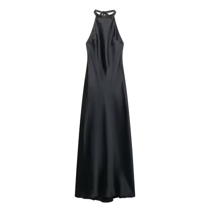 PB & ZA2025slim fit temperamento cuello halter vestido largo sin espalda textura satinada vestido largo novedad de verano ropa de mujer - 1
