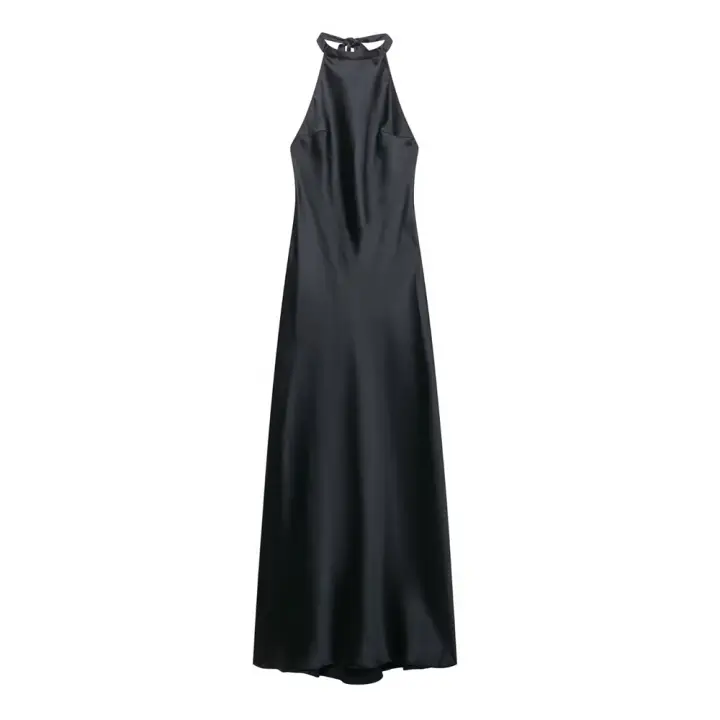 Vestido largo de satén con textura, cuello halter, espalda descubierta, corte ajustado, estilo elegante, novedad de verano 2025, ropa de mujer - 1