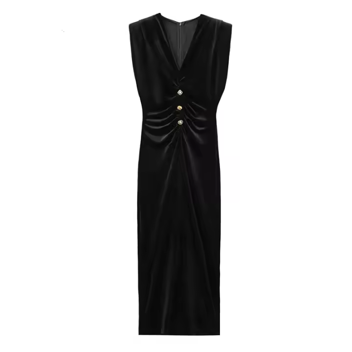 Vestido largo de terciopelo negro sin mangas con cuello en V para mujer, decoración de un solo pecho, verano n - 1
