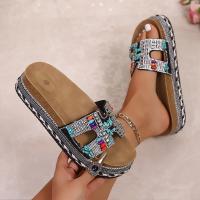 2025 nuevo arrastre de una palabra europeo y americano nueva moda zapatillas de plataforma de cuerda de cáñamo con diamantes de imitación zapatillas de corcho de playa sandalias casuales de mujer - details 6
