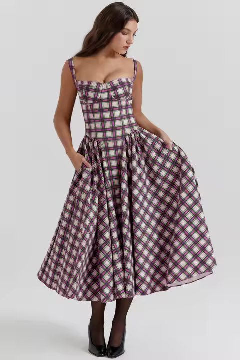 Vestido de mujer a cuadros, vestido de verano con cuello camisola - 1