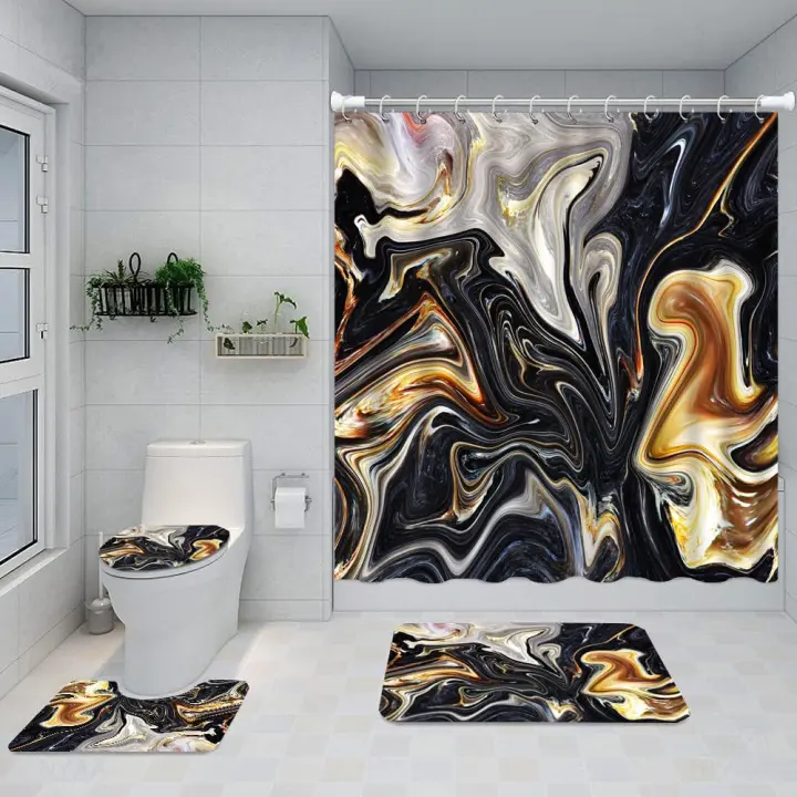 Cortina de Ducha Mármol Azul Rosa Verde Acuarela Moderno Abstracto Cortina de Baño de Poliéster Impermeable Antimoho Lavable Cortina Ducha 180 x 180 cm con Ganchos - 1