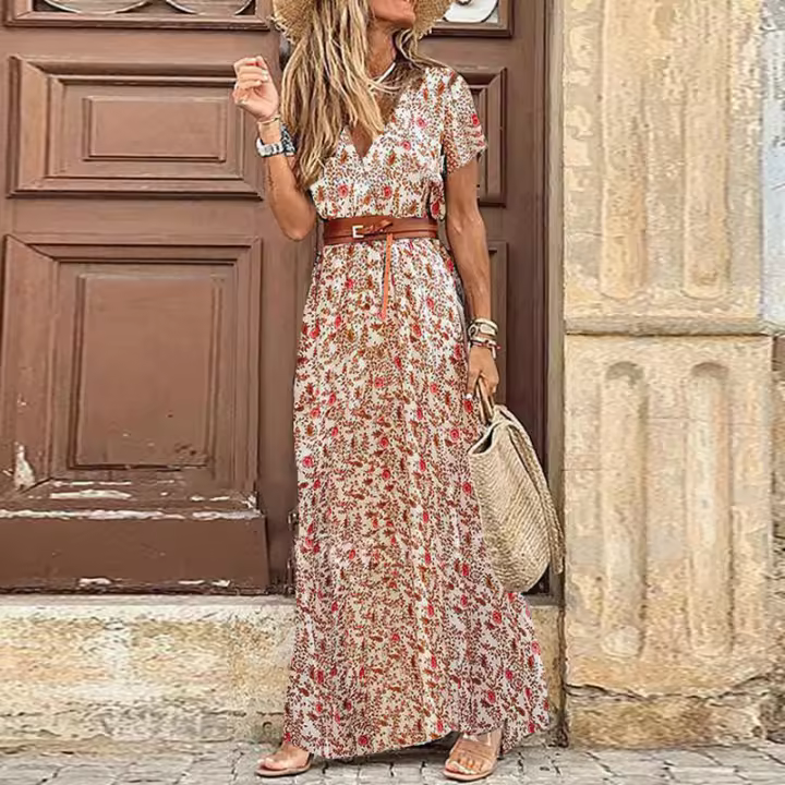 Vestido Bohemio de Verano 2024 para Mujer Cuello en V Floral con Cinturón - 1