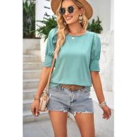 Tops de cuello redondo de color sólido para mujer, ropa informal de moda, camiseta holgada de manga corta de verano para mujer - details 17