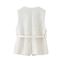 Chaleco sin mangas de tweed con una hilera de botones, cuello redondo y cinturón, ropa exterior para mujer, blusas elegantes 2025 - details 1