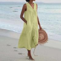 Verano suelto Casual Patchwork algodón en Pocktes cuello en V estilo de playa sin mangas Vintage Club Midi vestido de mujer sólido - details 3