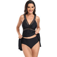 Traje de baño de dos piezas para mujer, bañador de color liso con pantalones de seguridad y falda, talla grande, 2024 - details 38