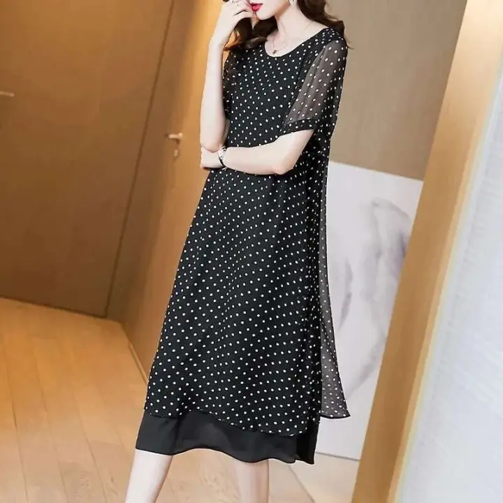 Vestido largo de gasa de gama alta para mujer, vestido largo holgado de talla grande con puntos, estilo francés, manga corta, para verano, 2024 - 1