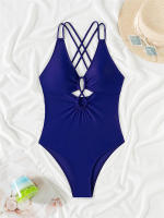 Bañador de una pieza para mujer, traje de baño ahuecado liso, Sexy, Monokini con Espalda descubierta, ropa de playa de verano - details 10