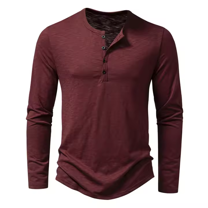 Camisa De Algodón Para Hombre Con Botones Cuello Henley Manga Larga Casual Color Sólido Moda Camisetas Transpirable Ligera Y De Wicking De Humedad - 1