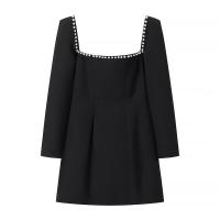 Mini boda negra corta ss con manga larga, cuello cuadrado y perlas para fiesta - details 1