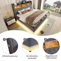 Cama tapizada LED 180 x 200 cm, Cama acolchada con puerto de carga USB y almacenamiento hidráulico, tela de lino agradable para la piel, Gris (Sin colchón) - details 5