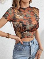Nueva Camiseta de manga corta con estampado de malla, camiseta de manga corta con borde de oreja de madera para mujer - details 2