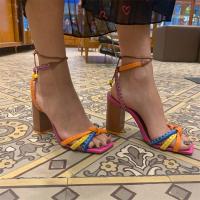 Sandalias de lujo con tejido retorcido para mujer, zapatos de marca de diseñador con bloqueo de Color, sandalias gruesas de tacón alto, informales - details 3