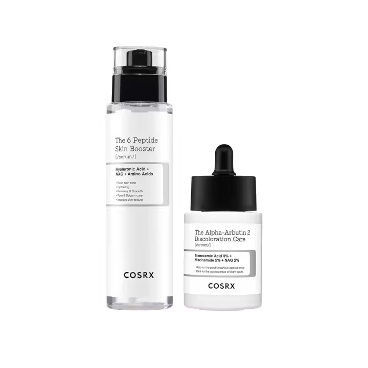 Tónico potenciador de colágeno con péptidos COSRX 6X + suero para el cuidado de la decoloración con alfa arbutina al 2% - 1
