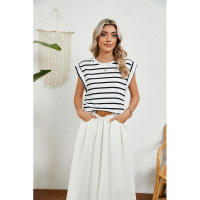 BUNO-2025 Tops para mujer, pantalón corto informal de moda de verano, camisetas básicas con textura a rayas de Color sólido y cuello redondo - details 89